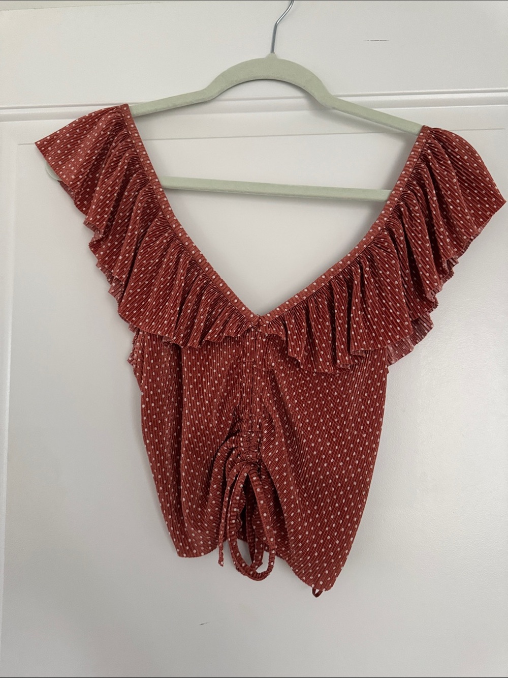 Ruffled Off-Shoulder Crop Top in Rust Red
